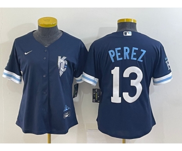 Women's Kansas City Royals #13 Salvador Perez 2022 Navy Blue City Connect Cool Base Stitched Jersey