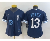 Women's Kansas City Royals #13 Salvador Perez Number 2022 Navy Blue City Connect Cool Base Stitched Jersey