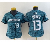 Women's Kansas City Royals #13 Salvador Perez Teal 2023 All Star Cool Base With Patch Stitched Baseball Jersey