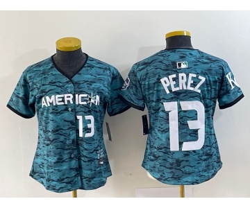 Women's Kansas City Royals #13 Salvador Perez Teal 2023 All Star Cool Base With Patch Stitched Baseball Jersey