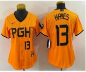 Women's Pittsburgh Pirates #13 KeBryan Hayes Number Yellow 2023 City Connect Stitched Jersey1