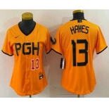 Women's Pittsburgh Pirates #13 KeBryan Hayes Number Yellow 2023 City Connect Stitched Jersey2