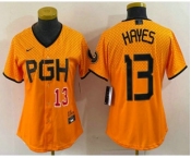 Women's Pittsburgh Pirates #13 KeBryan Hayes Number Yellow 2023 City Connect Stitched Jersey2