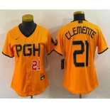 Women's Pittsburgh Pirates #21 Roberto Clemente Number Yellow 2023 City Connect Stitched Jersey1