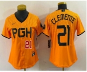 Women's Pittsburgh Pirates #21 Roberto Clemente Number Yellow 2023 City Connect Stitched Jersey1