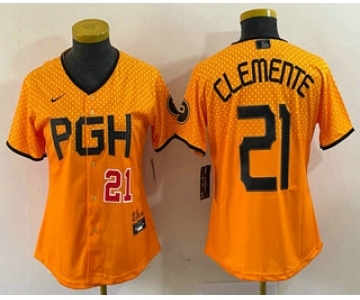 Women's Pittsburgh Pirates #21 Roberto Clemente Number Yellow 2023 City Connect Stitched Jersey1