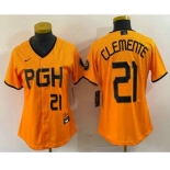 Women's Pittsburgh Pirates #21 Roberto Clemente Number Yellow 2023 City Connect Stitched Jersey