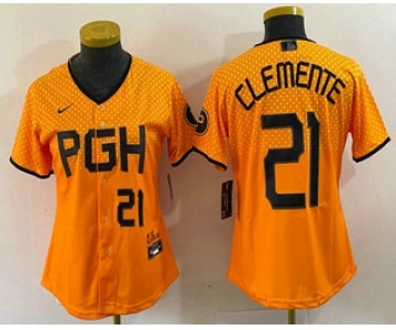 Women's Pittsburgh Pirates #21 Roberto Clemente Number Yellow 2023 City Connect Stitched Jersey