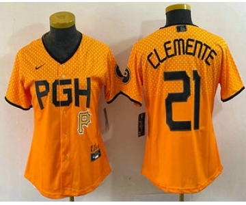 Women's Pittsburgh Pirates #21 Roberto Clemente Yellow 2023 City Connect Stitched Jersey1