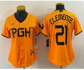 Women's Pittsburgh Pirates #21 Roberto Clemente Yellow 2023 City Connect Stitched Jersey