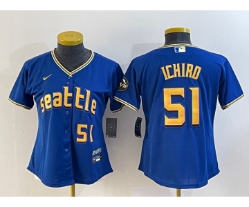 Women's Seattle Mariners #51 Ichiro Suzuki Number Blue 2023 City Connect Cool Base Stitched Jersey