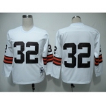 Cleveland Browns #32 Jim Brown White Long-Sleeved Throwback Jersey