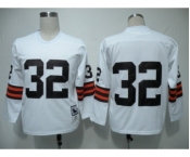 Cleveland Browns #32 Jim Brown White Long-Sleeved Throwback Jersey