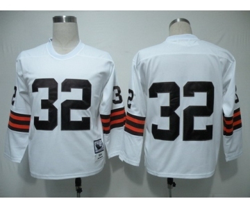 Cleveland Browns #32 Jim Brown White Long-Sleeved Throwback Jersey