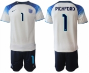 Men's England #1 Pickford White Home Soccer Jersey Suit