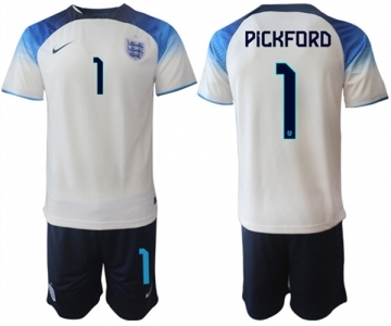 Mens England #1 Pickford White Home Soccer Jersey Suit