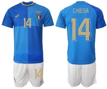 Men's Italy #14 Chiesa Blue Home Soccer Jersey Suit