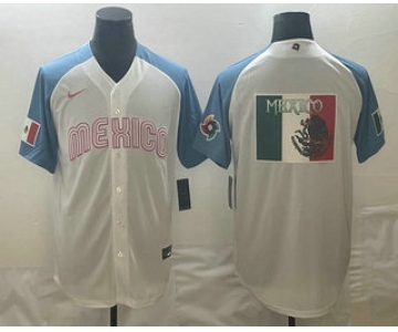 Men's Mexico Baseball 2023 White Blue World Big Logo Classic Stitched Jersey