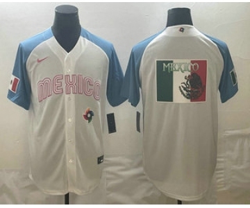 Men's Mexico Baseball 2023 White Blue World Big Logo Classic Stitched Jerseys