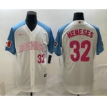 Men's Mexico Baseball #32 Joey Meneses Number 2023 White Blue World Classic Stitched Jersey