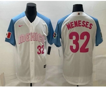 Men's Mexico Baseball #32 Joey Meneses Number 2023 White Blue World Classic Stitched Jersey