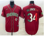 Men's Mexico Baseball #34 Fernando Valenzuela 2023 Red Blue World Baseball Classic Stitched Jersey1