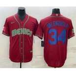 Men's Mexico Baseball #34 Fernando Valenzuela 2023 Red Blue World Baseball Classic Stitched Jersey