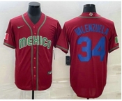 Men's Mexico Baseball #34 Fernando Valenzuela 2023 Red Blue World Baseball Classic Stitched Jersey