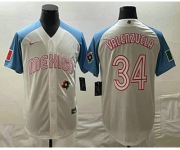 Mens Mexico Baseball #34 Fernando Valenzuela 2023 White Blue World Classic Stitched Jersey