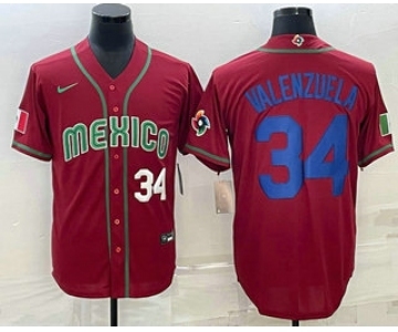 Men's Mexico Baseball #34 Fernando Valenzuela Number 2023 Red Blue World Baseball Classic Stitched Jersey1