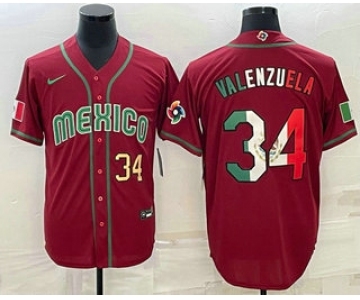 Men's Mexico Baseball #34 Fernando Valenzuela Number 2023 Red Blue World Baseball Classic Stitched Jersey3