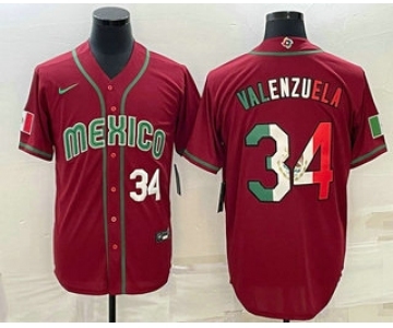 Mens Mexico Baseball #34 Fernando Valenzuela Number 2023 Red Blue World Baseball Classic Stitched Jersey