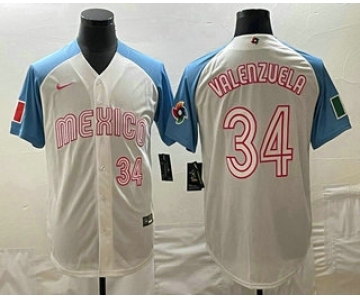 Men's Mexico Baseball #34 Fernando Valenzuela Number 2023 White Blue World Classic Stitched Jersey1