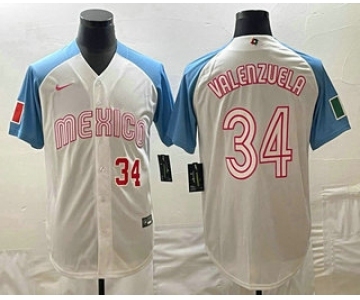 Men's Mexico Baseball #34 Fernando Valenzuela Number 2023 White Blue World Classic Stitched Jersey2