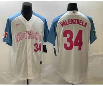 Men's Mexico Baseball #34 Fernando Valenzuela Number 2023 White Blue World Classic Stitched Jersey