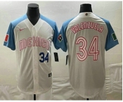 Men's Mexico Baseball #34 Fernando Valenzuela Number 2023 White Blue World Classic Stitched Jerseys