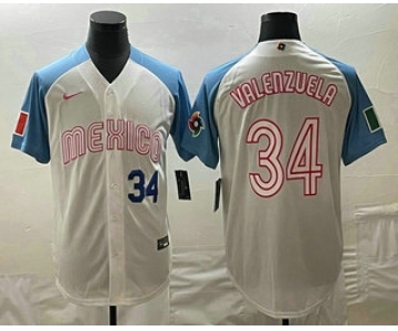 Men's Mexico Baseball #34 Fernando Valenzuela Number 2023 White Blue World Classic Stitched Jerseys