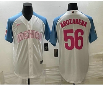 Men's Mexico Baseball #56 Randy Arozarena 2023 White Blue World Classic Stitched Jersey2