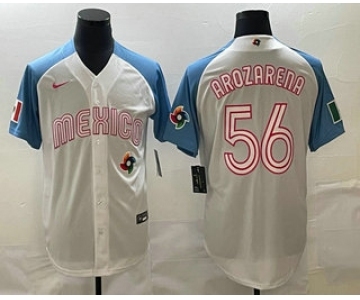 Men's Mexico Baseball #56 Randy Arozarena 2023 White Blue World Classic Stitched Jersey