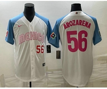 Men's Mexico Baseball #56 Randy Arozarena Number 2023 White Blue World Classic Stitched Jersey8