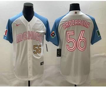 Men's Mexico Baseball #56 Randy Arozarena Number 2023 White Blue World Classic Stitched Jerseys