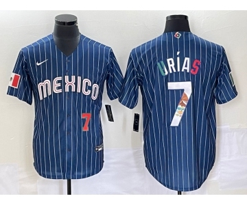 Men's Mexico Baseball #7 Julio Urias 2023 Navy Blue Pinstripe World Baseball Classic Stitched Jersey