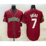 Men's Mexico Baseball #7 Julio Urias 2023 Red Blue World Baseball Classic Stitched Jersey1