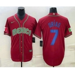 Mens Mexico Baseball #7 Julio Urias 2023 Red Blue World Baseball Classic Stitched Jersey