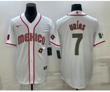 Men's Mexico Baseball #7 Julio Urias 2023 White Blue World Baseball Classic Stitched Jersey