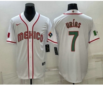 Men's Mexico Baseball #7 Julio Urias 2023 White Blue World Baseball Classic Stitched Jerseys