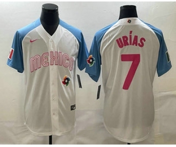 Men's Mexico Baseball #7 Julio Urias 2023 White Blue World Classic Stitched Jersey