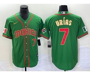 Men's Mexico Baseball #7 Julio Urias Number 2023 Green Red Gold World Baseball Classic Stitched Jersey 2