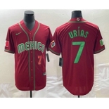 Mens Mexico Baseball #7 Julio Urias Number 2023 Red Green World Baseball Classic Stitched Jersey