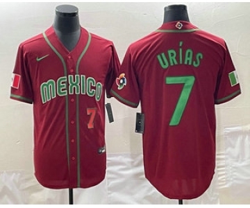 Mens Mexico Baseball #7 Julio Urias Number 2023 Red Green World Baseball Classic Stitched Jersey